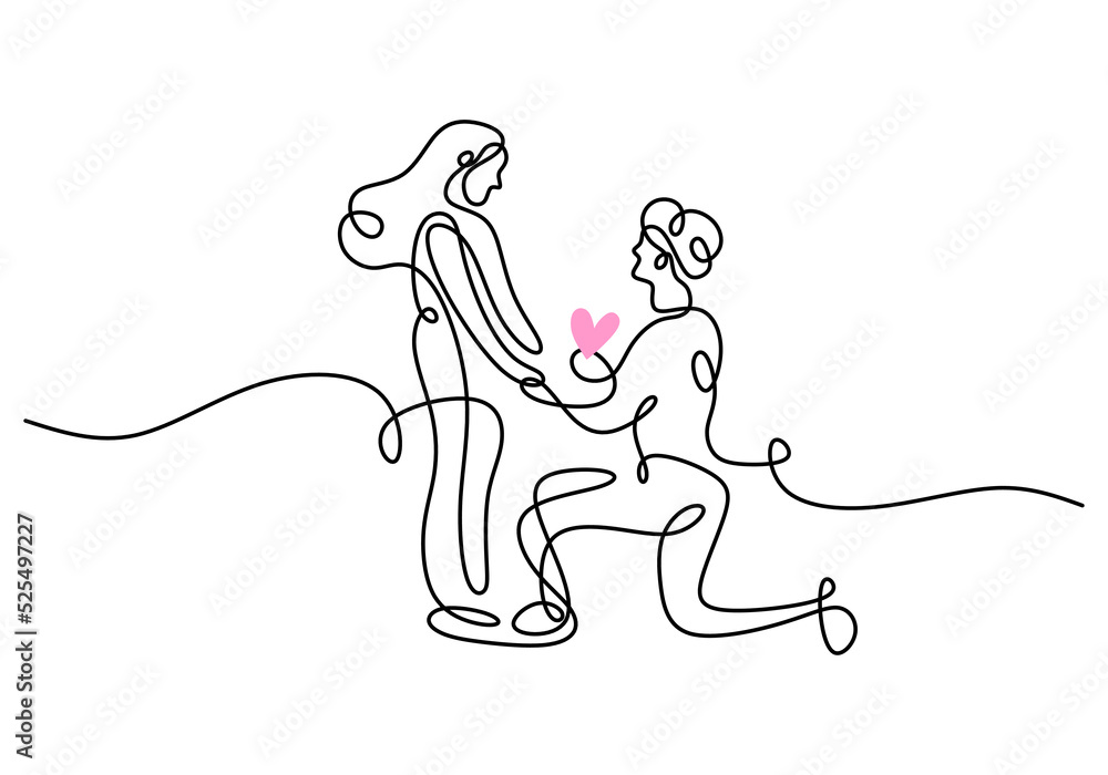 Poster one continuous single line hand drawing of man propose woman with isolated on white background.