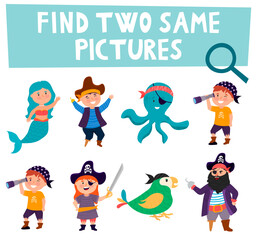 Fototapeta na wymiar Find two same pirates. Treasure island matching activity for children. Sea adventures educational quiz worksheet for kids for attention skills. Simple printable game with cute captains and animals