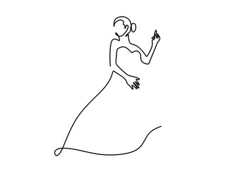 One continuous single line hand drawing of woman wear wedding dress with isolated on white background.