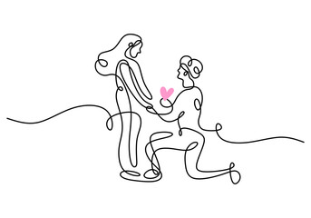 One continuous single line hand drawing of man propose woman with isolated on white background.