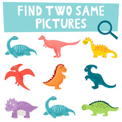 Cartoon Illustration of Finding Two Same Pictures Educational Game for Children with Funny Dinosaurs and Prehistoric Animal Characters