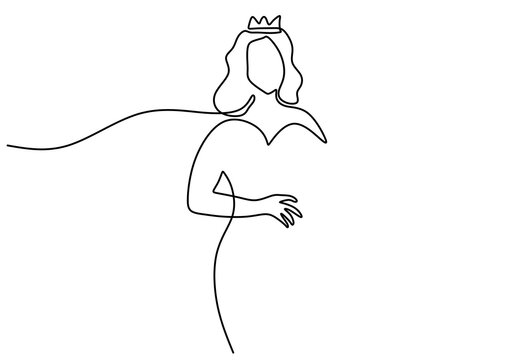 One continuous single line hand drawing of woman queen wear crown gown with isolated on white background.