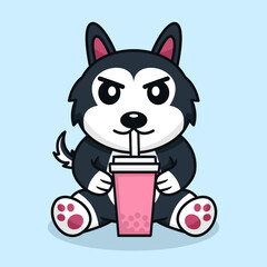 Vector illustration of cute dog premium drinking boba