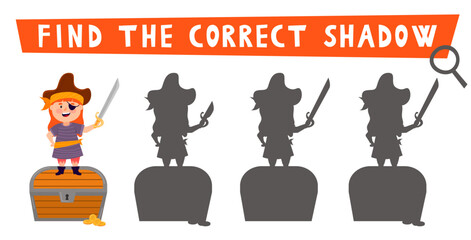 Pirate shadow matching activity. Puzzle with cute pirate. Find correct silhouette printable worksheet or game. Sea adventures page for kids