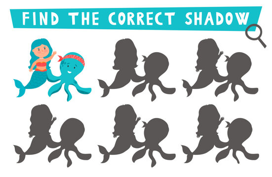 Pirate shadow matching activity. Treasure island hunt puzzle with cute mermaid, octopus. Find correct silhouette printable worksheet or game. Sea adventures page for kids