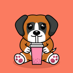 Vector illustration of cute dog premium drinking boba