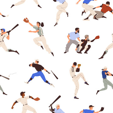 Seamless sport pattern with baseball game players, bats, gloves, balls print. Repeating background, texture design with athletes, batters, pitchers, catchers playing. Colored flat vector illustration
