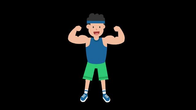 A man wearing a blue t-shirt, green shorts, and a blue headband is flexing his biceps and showing off his muscles.