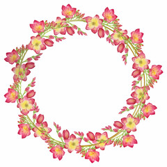 wreath with green leaves and red freesia flower in a gold round frame. Watercolor floral illustration