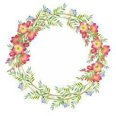 wreath with green leaves and red freesia flower in a gold round frame. Watercolor floral illustration