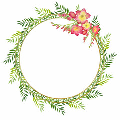 wreath with green leaves and red freesia flower in a gold round frame. Watercolor floral illustration