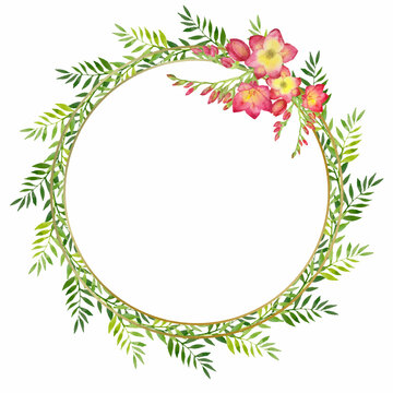 wreath with green leaves and red freesia flower in a gold round frame. Watercolor floral illustration