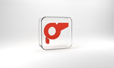 Red Whistle icon isolated on grey background. Referee symbol. Fitness and sport sign. Glass square button. 3d illustration 3D render