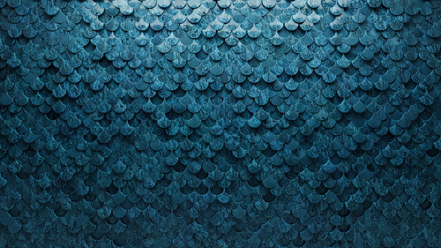Textured, 3D Wall background with tiles. Blue Patina, tile Wallpaper with Fish Scale, Polished blocks. 3D Render