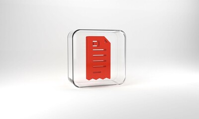 Red Paper check and financial check icon isolated on grey background. Paper print check, shop receipt or bill. Glass square button. 3d illustration 3D render