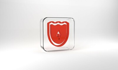 Red Shield with leaf icon isolated on grey background. Eco-friendly security shield with leaf. Glass square button. 3d illustration 3D render