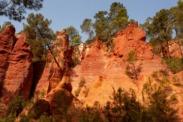 View of the red lands in the Luberon Natural Park, Roussillon France.