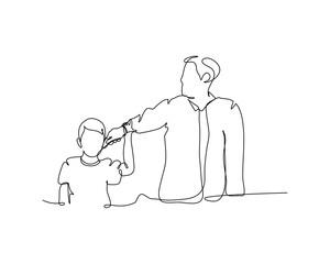 One continuous line of a father scolding his son harshly. Minimalist style vector illustration in white background.