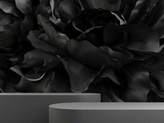 Dark black podium, showcase with abstract waves of silk, fabric. 3d render of advertising. Stand for the presentation of cosmetic products, body care products. Luxury platform with flower petals.