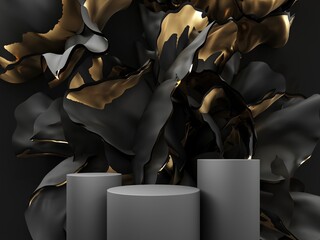 Dark black podium, showcase with abstract waves of silk, fabric. 3d render of advertising. Stand for the presentation of cosmetic products, body care products. Luxury platform with flower petals.