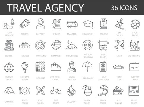 Set of 36 line icons related to  travel agency providing as an booking, different tours, visa assistance, insurance, etc. Simple Outline Icons.