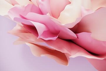 Pastel pink podium, showcase with abstract waves of silk, fabric. 3d render of advertising. Stand for the presentation of cosmetic products, body care products. Luxury platform with flower petals.