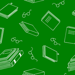 books and glasses seamless pattern hand drawn in doodle style. vector, minimalism, sketch. wallpaper, textile, wrapping paper, background. reading, education, bookstore, science.