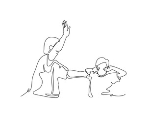 One continuous line of a mother scolding her child harshly. Minimalist style vector illustration in white background.