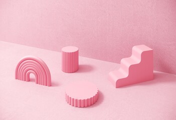 Exhibition Podium, stand on pastel pink background for premium product -3D render. Holiday greeting card - 3d render with copy space. Romance showcase with arch, stairs, abstract forms.