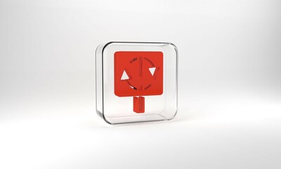 Red Recycle symbol icon isolated on grey background. Circular arrow icon. Environment recyclable go green. Glass square button. 3d illustration 3D render
