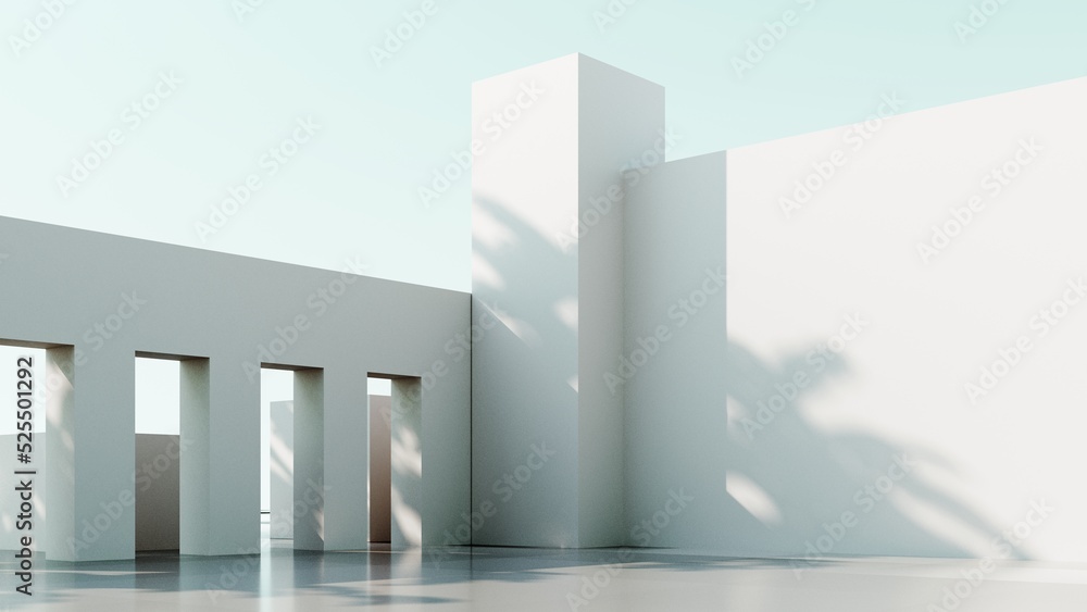 Poster abstract architectural backdrop - 3d render. white details of the facade of modern building on blue 