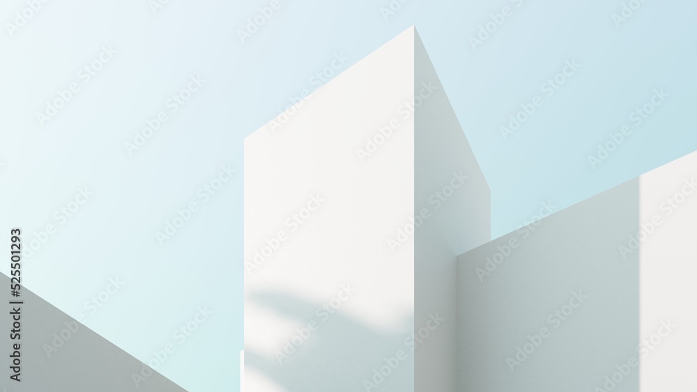 Poster abstract architectural backdrop - 3d render. white details of the facade of modern building on blue 