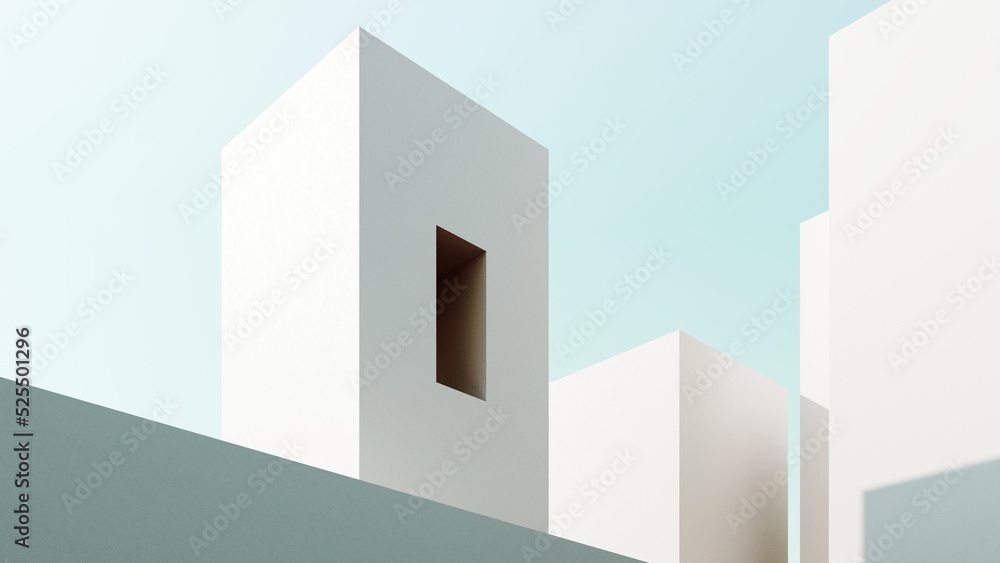 Poster abstract architectural backdrop - 3d render. white details of the facade of modern building on blue 