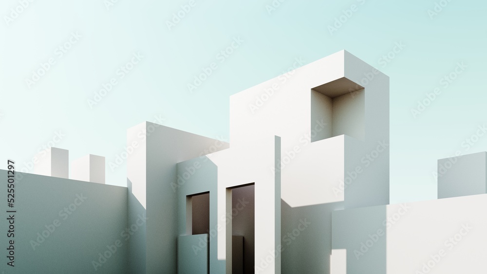 Poster abstract architectural backdrop - 3d render. white details of the facade of modern building on blue 