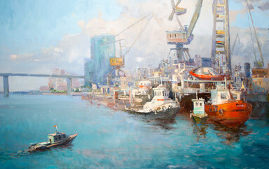 Painting oil on canvas "Ships and cranes in the cargo port."  Horizontal  fragment