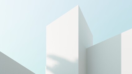 Abstract architectural backdrop - 3D render. White details of the facade of modern building on blue sky background with copy space. Unobtrusive background with shadow on the wall.