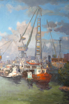 Oil painting on canvas "Ships and cranes in the cargo port". Vertical fragment