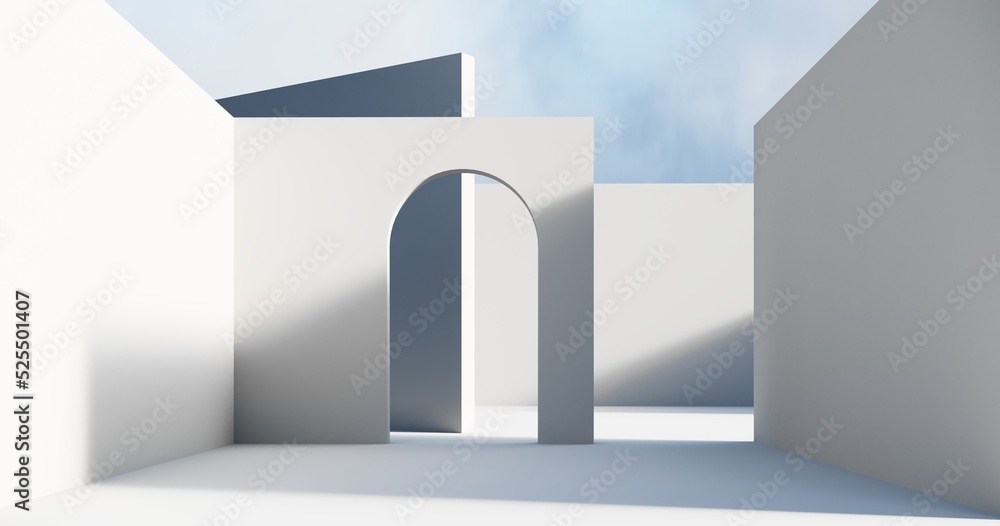 Poster abstract architectural backdrop - 3d render. white details of the facade of modern building on blue 