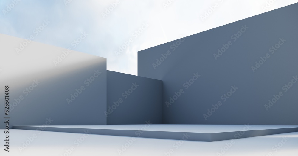 Poster abstract architectural backdrop - 3d render. white details of the facade of modern building on blue 