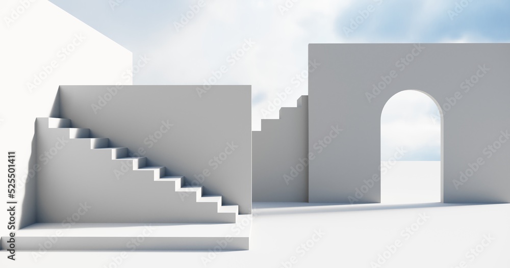 Poster abstract architectural backdrop - 3d render. white details of the facade of modern building on blue 