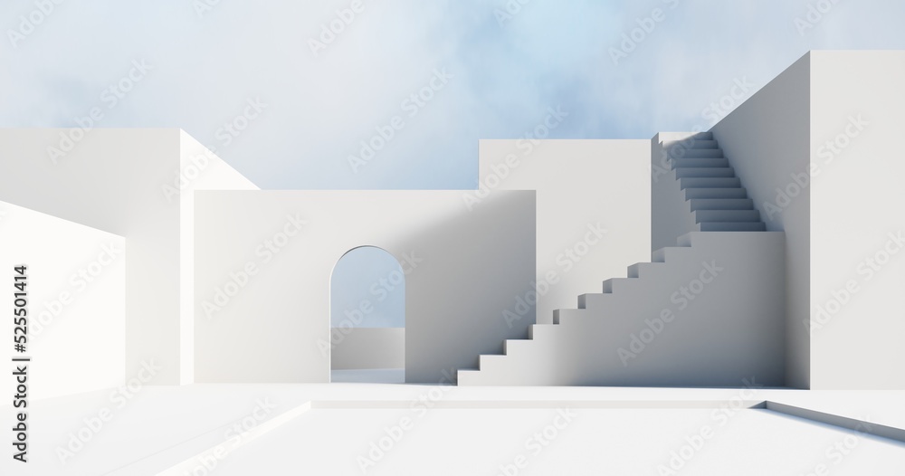 Poster abstract architectural backdrop - 3d render. white details of the facade of modern building on blue 