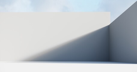 Obraz premium Abstract architectural backdrop - 3D render. White details of the facade of modern building on blue sky background with copy space. Unobtrusive background with shadow on the wall.