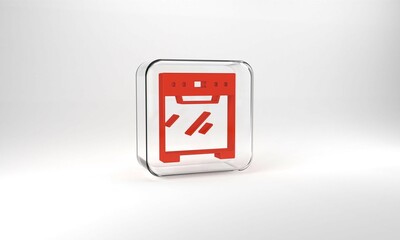 Red Oven icon isolated on grey background. Stove gas oven sign. Glass square button. 3d illustration 3D render