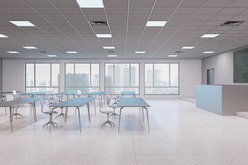 Contemporary concrete classroom interior with furniture and blackboard, windows with city view. Back to school and interior concept. 3D Rendering.