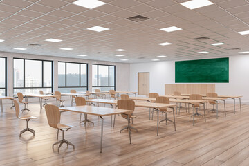 Contemporary wooden classroom interior with furniture and blackboard, windows with city view. Back to school and interior concept. 3D Rendering.