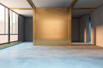 Modern dark concrete interior with mock up place on wall, window with city view. Gallery and exhibition concept. 3D Rendering.