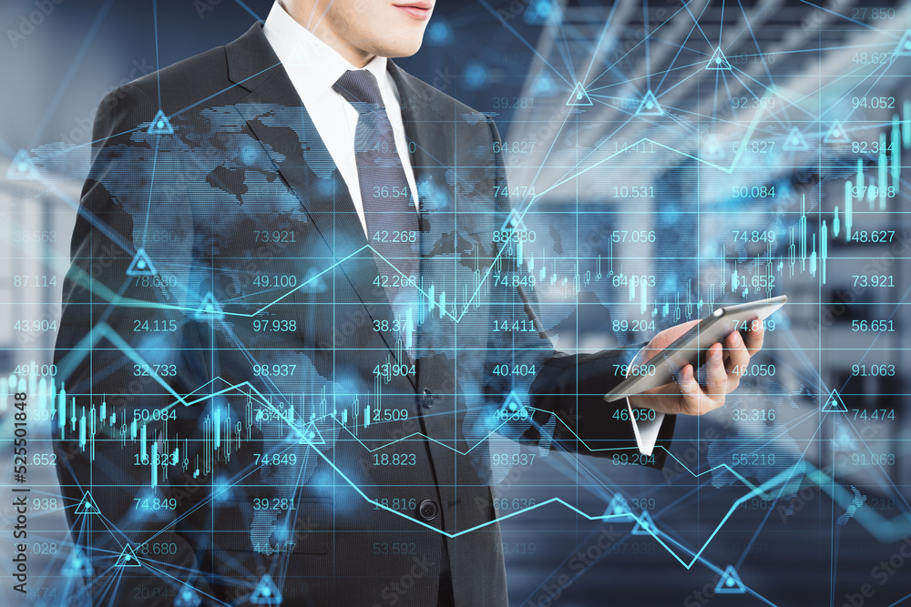Poster businessman using smartphone with abstract glowing forex chart, map and arrows on index hologram, bl