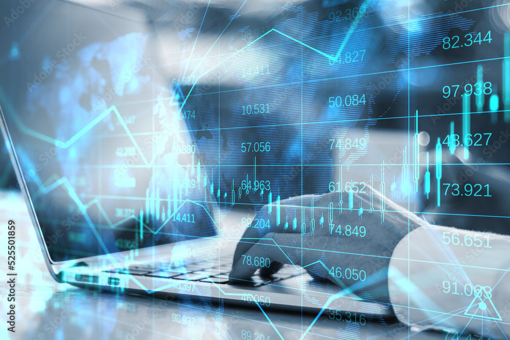 Poster close up of laptop on workplace with abstract glowing forex chart, map and arrows on index hologram,