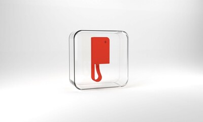 Red Meat chopper icon isolated on grey background. Kitchen knife for meat. Butcher knife. Glass square button. 3d illustration 3D render