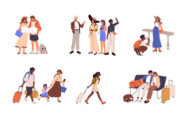 Tourists travel set. Excursion group going sightseeing, people waiting with luggage, taking photo with camera in trip, summer vacation tour. Flat vector illustrations isolated on white background